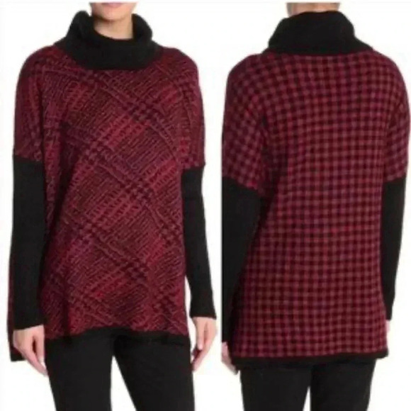 Joseph A Women's Houndstooth Plaid Turtleneck Sweater SZ small Black & Red NEW - Picture 1 of 9